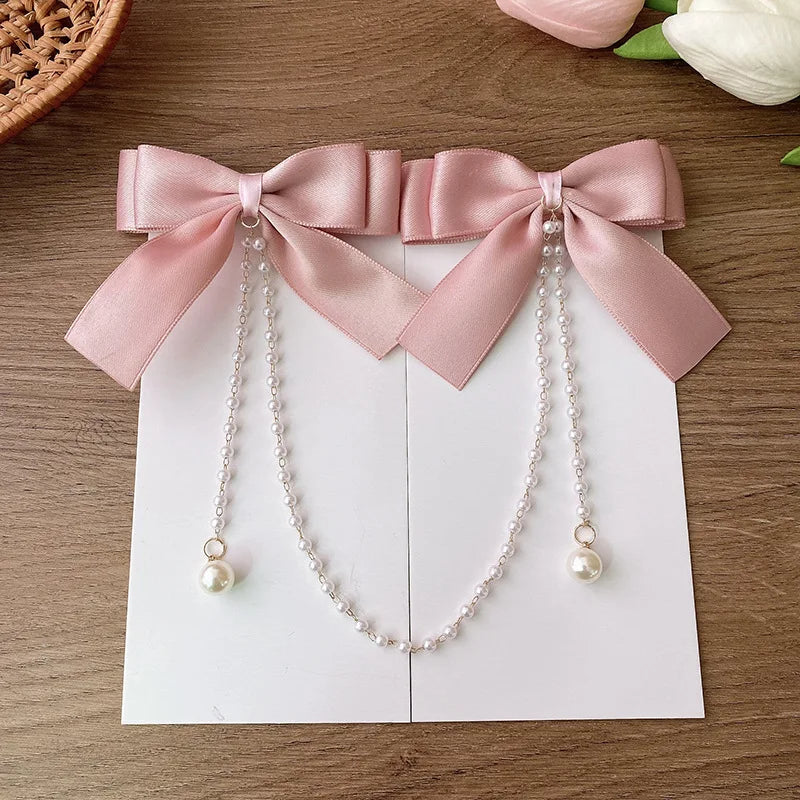 Sweet Princess Style Pink Pearls Chain Bow Hair Clip Women Children's Cute Back Head Hairpins Hair Clips Girls Hair Accessories