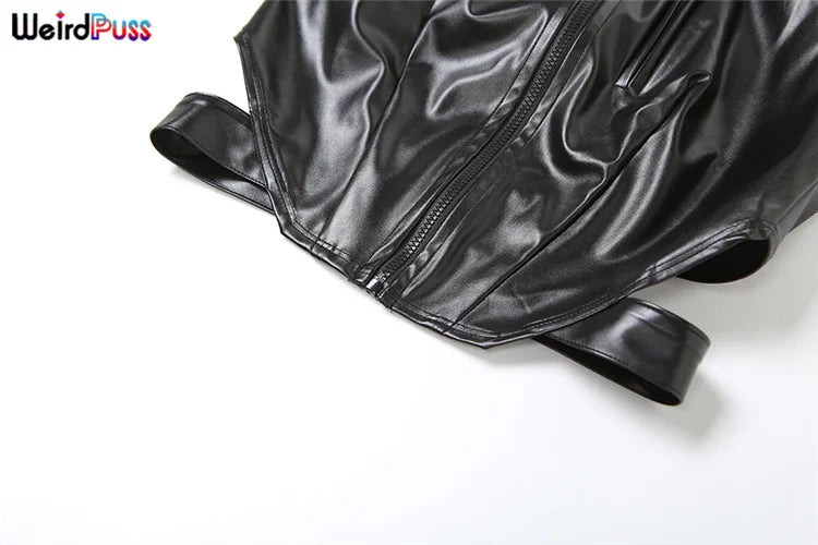 Weird Puss PU Backless Women Tank Tops Halter Neck Sleeveless Zipper Decoration Sexy Punk Nightclub Streetwear Summer Wild Vest