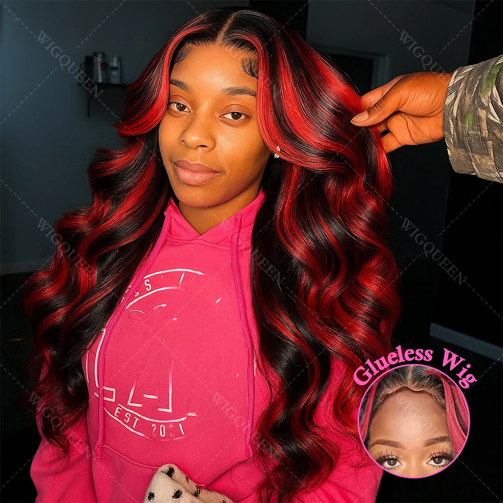 1B/99J Omber Black With Red 5x5 Highlight Lace Front Closure Body Wave Glueless Wigs Human Hair Brazilian Burgundy Colored Wigs