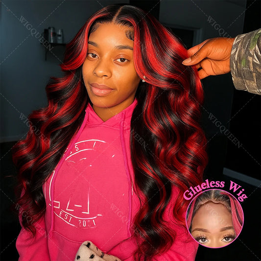 1B/99J Omber Black With Red 5x5 Highlight Lace Front Closure Body Wave Glueless Wigs Human Hair Brazilian Burgundy Colored Wigs