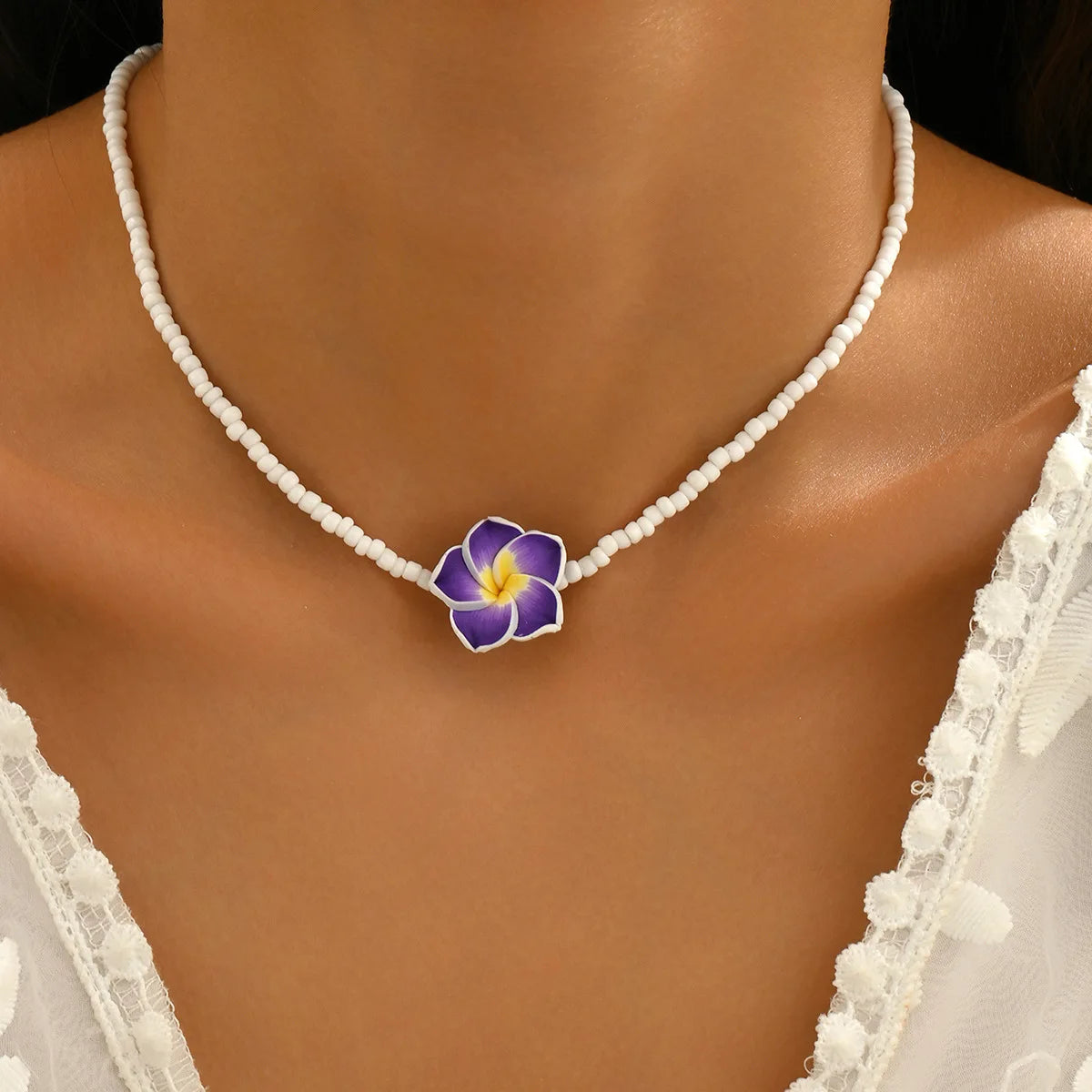 Boho Y2K Polymer Clay Flower Charm Necklace For Women Handmade Beaded Choker Necklace Girls Summer Jewelry Vacation Accessories