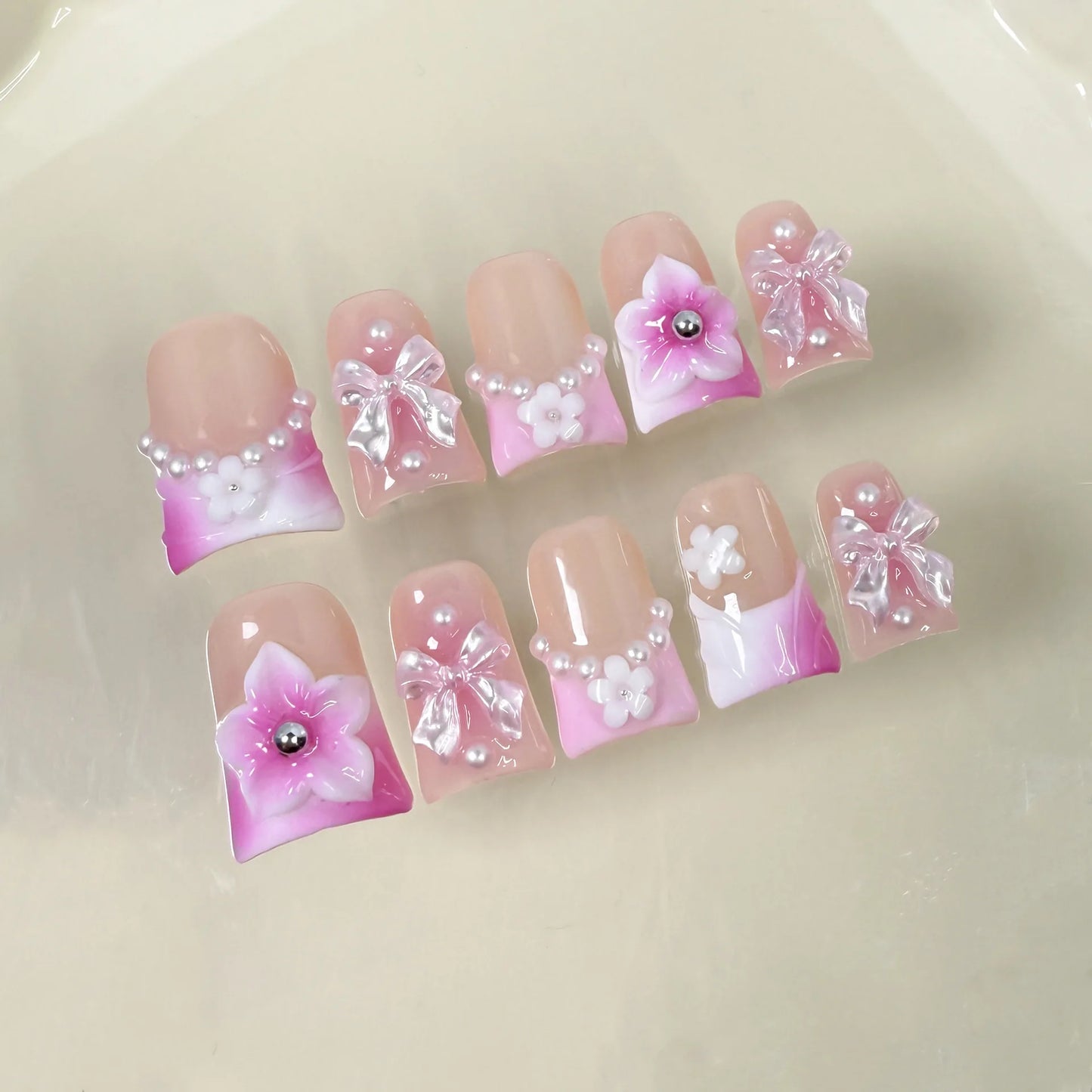 10pcs Sweet White Bowknots Press On Nails Pink French Style Glitter Diamond Pearl Decor Handmade False Nail Blush Duckbill Nails
