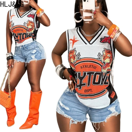HLJ&GG Fashion Y2K Letter Print Loose Tshirts Two Piece Sets Women Round Neck Sleeveless Top And Denim Shorts Outfits Streetwear