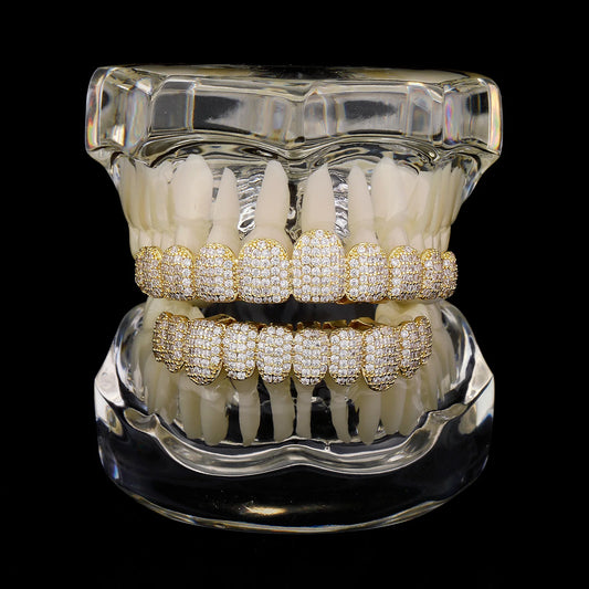 TOPGRILLZ Iced Out 10 Top &10 Bottom 5A CZ Stones Teeth Grillz Punk Rapper 14K Gold Plated Zircon Tooth Caps For Mouth Jewelry
