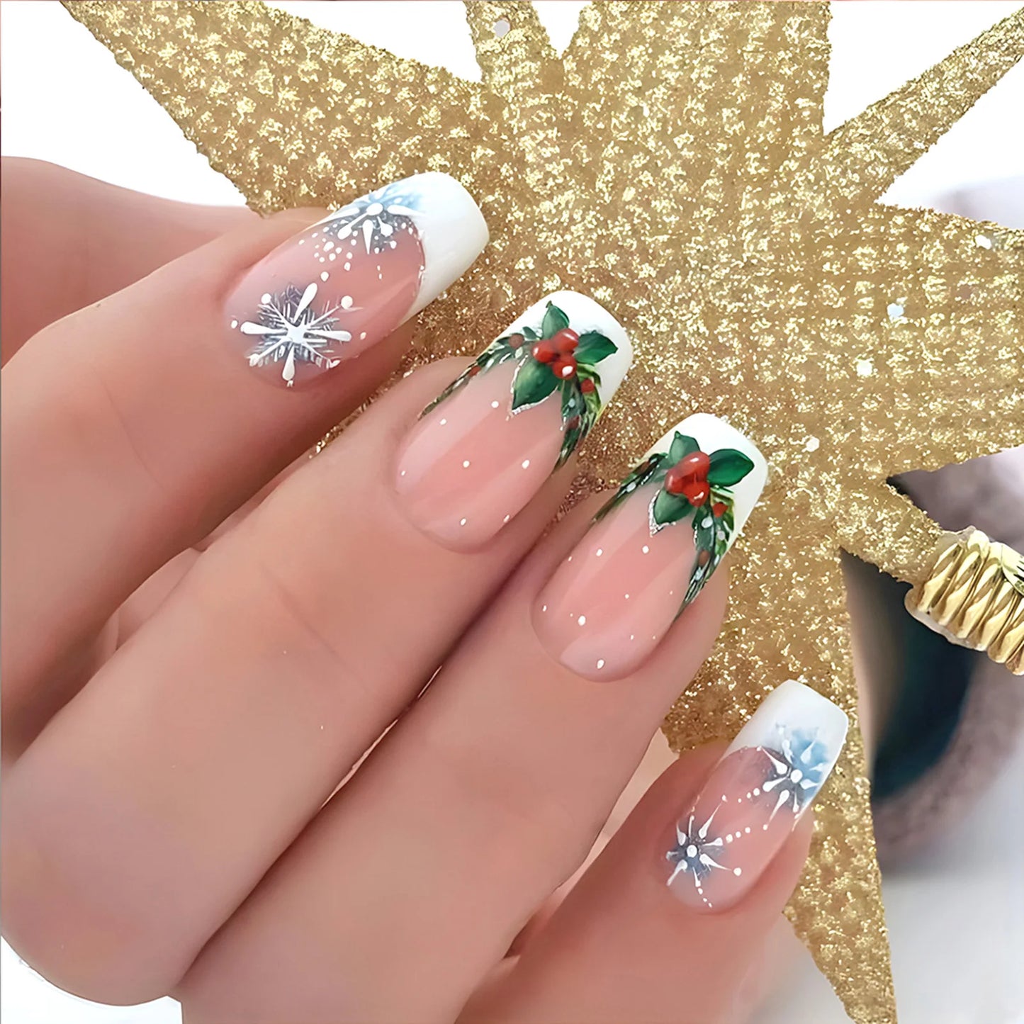 24pcs Glitter Pink Sequins Fake Nails 2025 Halloween Scary Skull Love Print False Nails Wearable European Ballet Press on Nails