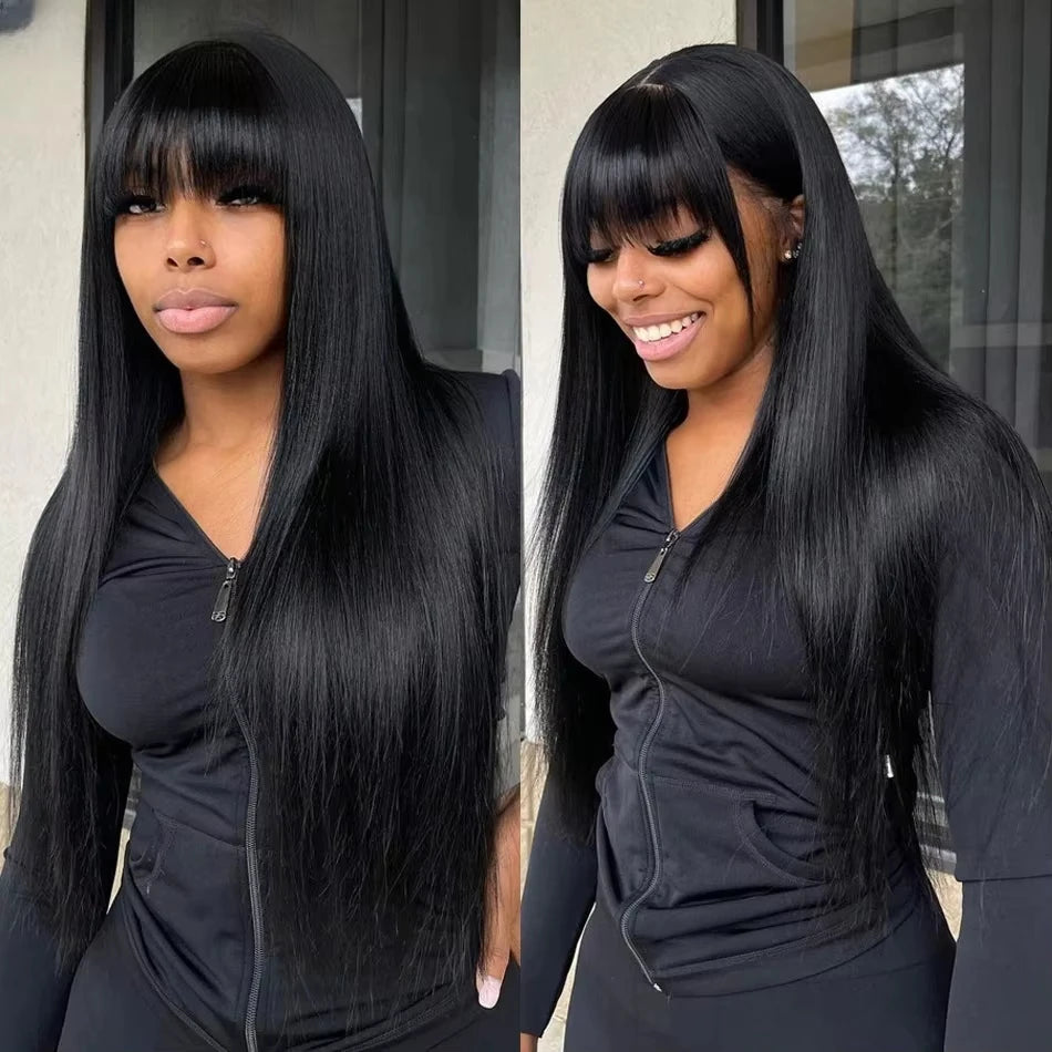 Straight Human Hair Wig With Bangs Fringe 3x1 HD Lace Frontal Wigs Bone Straight Glueless Front Wigs Human Hair Ready To Wear