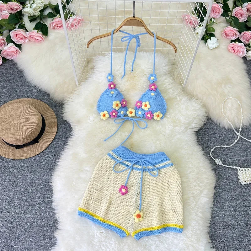 HLJ&GG Sweet Pastoral Fashion Knitting Little Flower Hollow Two Piece Sets Women Halter Lace Up Backless Bra And Shorts Outfits
