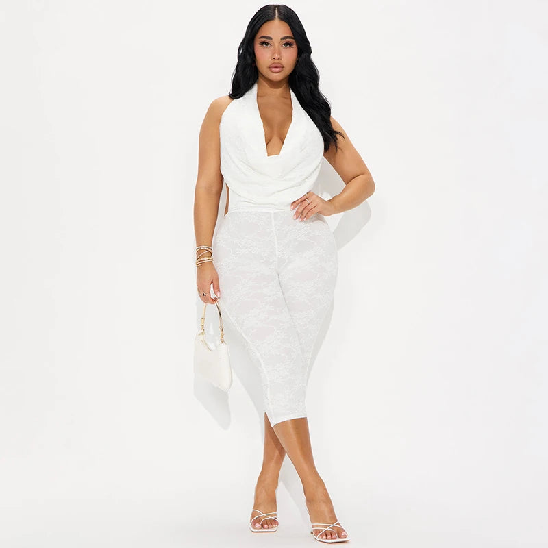 CUTENOVA Women'S Sexy Solid Color Lace Patchwork Swing Collar Hanging Neck Big Backless Skinny Jumpsuit Summer Elegant Jumpsuit
