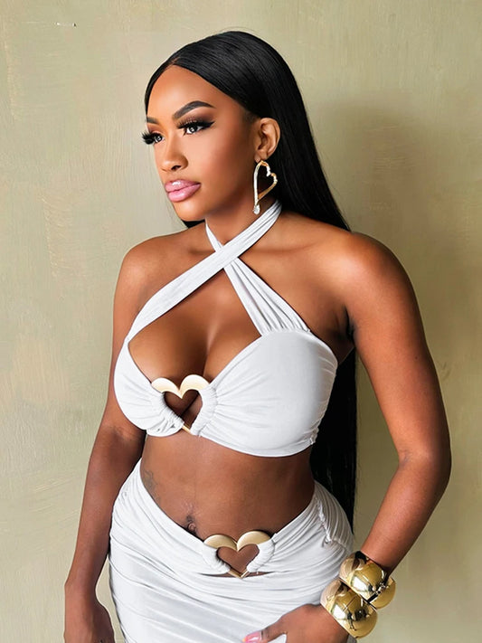 Weird Puss Love Rings Patchwork 2 Piece Set Cross Women Halter Crop Tops+Ruched Hollow Skirts Matching Hottie Street Trend Suits