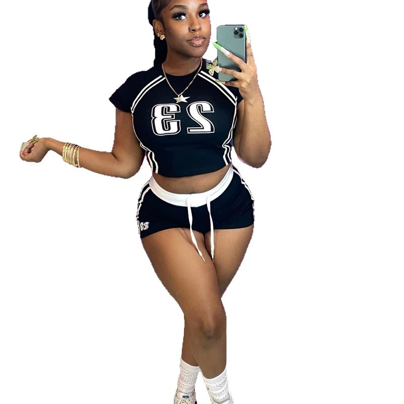 STYLISH LADY Number Printed Sports 2 Piece Set Women Short Sleeve Crop Top and Drawstring Shorts Suits 2025 Summer Casual Outfit