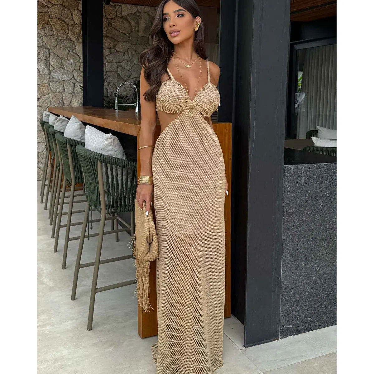 2025 New Sexy Women Peals Dresses Halter Naked Waist Cut Out Maxi Dress Summer Party Evening Female Vestidos