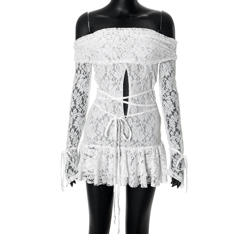 STYLISH LADY Off the Shoulder White Lace Dress 2025 Spring Women Long Sleeve Slash Neck Cut Out Bodycon Ruffle Mini Dresses
