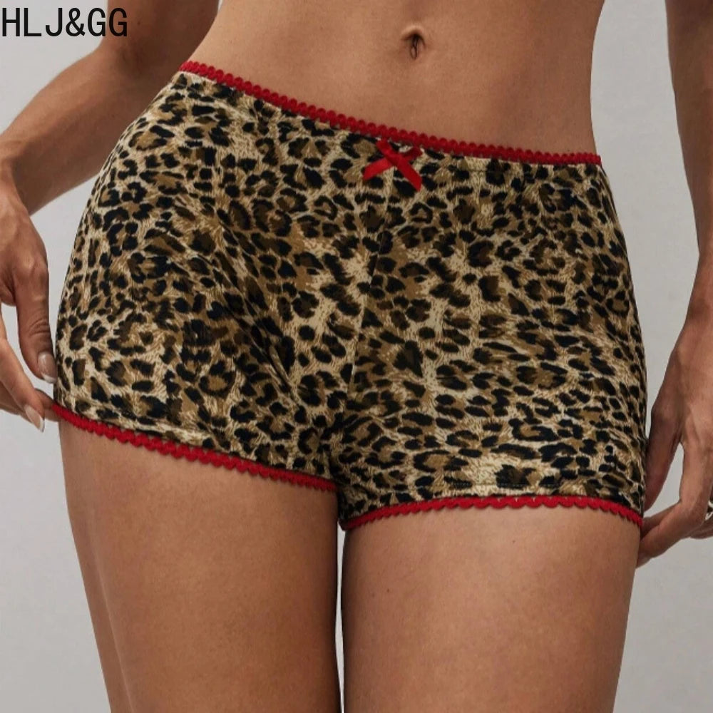 HLJ&GG Sexy Glossy Leather Corset Two Piece Sets Women Off Shoulder Slim Crop Top+Leopard Shorts Outfits Fashion Y2K Streetwear
