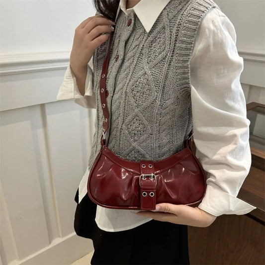 Retro Designer Buckle Armpit Bag Pu Leather Gothic Y2k Shoulder Bag Vintage Cross Body Spicy Girl Handbag Female