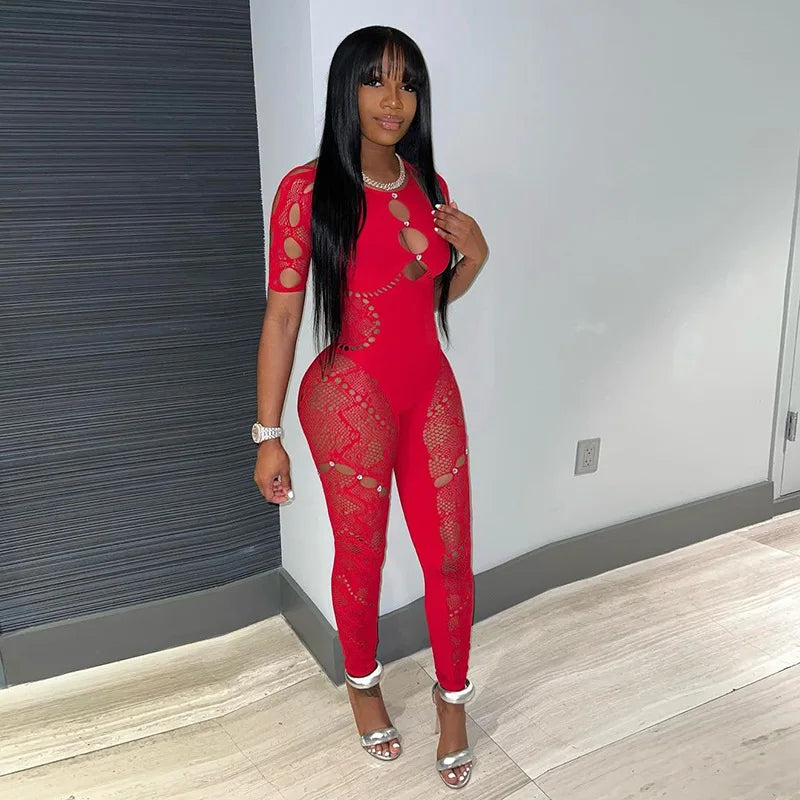 Weird Puss Rhinestone Embellished Women Jumpsuit Backless Halter Hollow Sheer Sexy Slim One Pieces Bodycon Hottie Party Clubwear