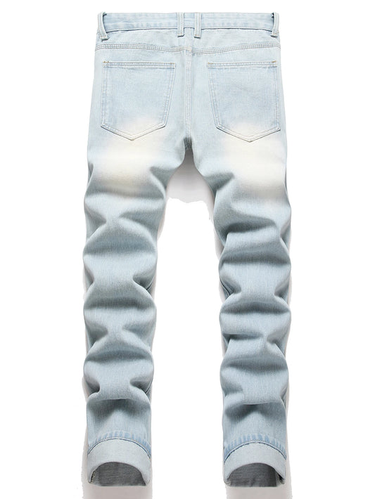 Men's Vintage Light Blue Jeans Straight Loose Fit Distressed Cat Whisker Denim Pants Casual Streetwear High Quality Stretch 28-4