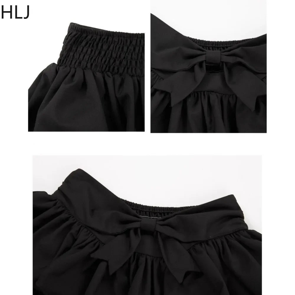 HLJ&GG White Sweet Y2K Bow Puffy Mini Skirts Shorts Two Piece Sets Women Short Sleeve Slim Top And Skirts Outfits Streetwear