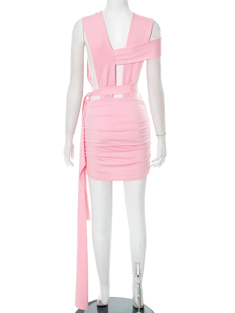 Weird Puss Metal Rings Patchwork Mini Dress Women Irregular Hollow Cross Bandage Midnight Sexy Skinny Peach Hip Street Outfits