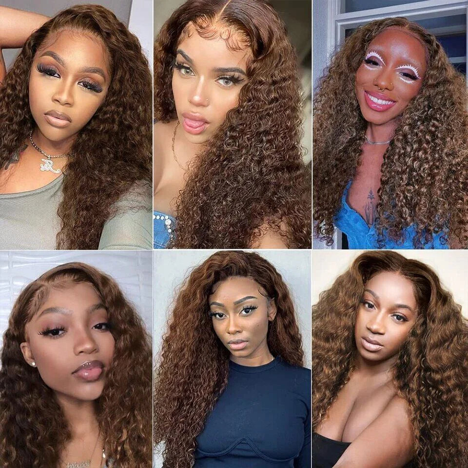 Chocolate Brown 13x4 Kinky Curly Lace Front Human Hair Wigs Pre Plucked Colored 13x6 Deep Wave Transparent Lace Frontal Wig