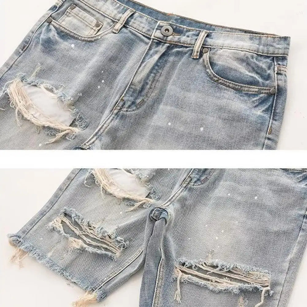 Deformed-resistant Denim Shorts Men's Summer Distressed Denim Shorts Straight Fit Ripped Holes Knee Length Jeans with Multi