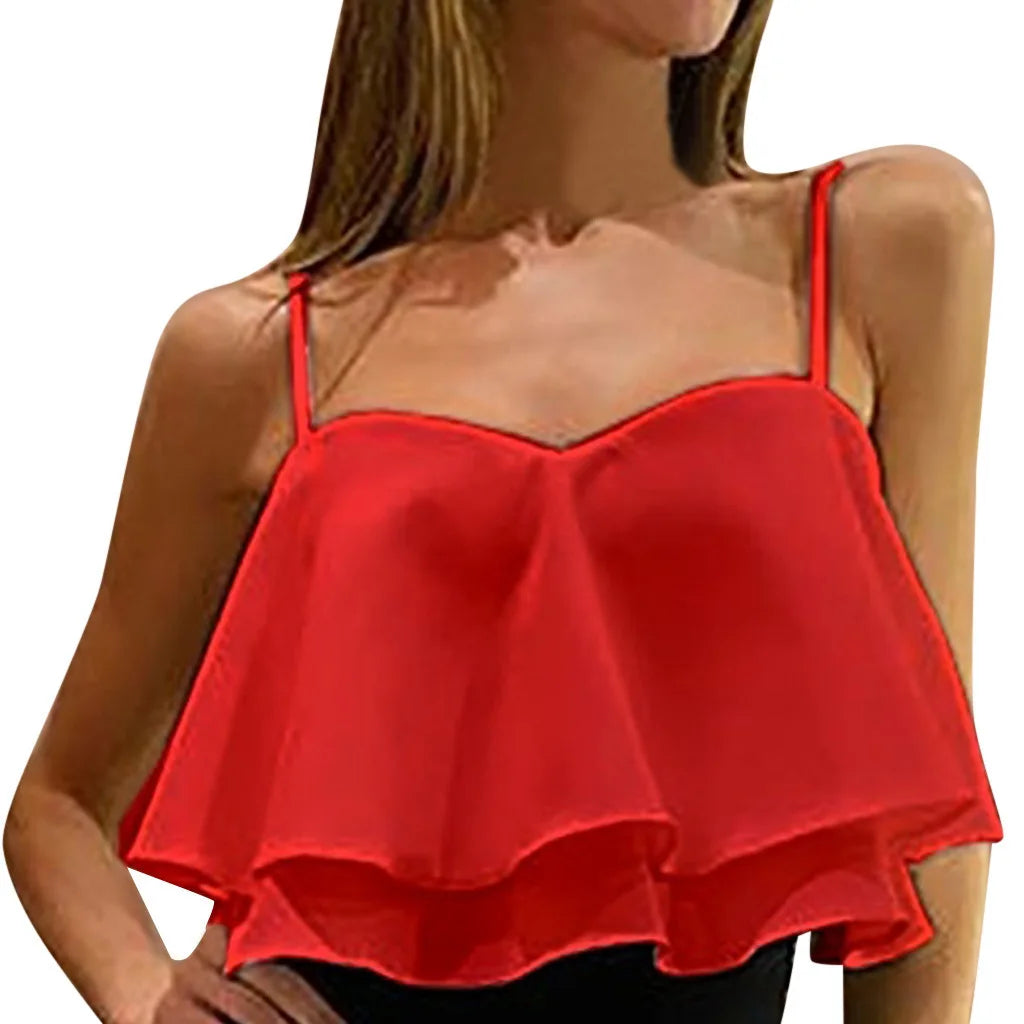Women Ruffle Design Camisole Loose Solid Off Shoulder Sleeveless Top Hot Girl Trend Summer Club Party Short Vest Top