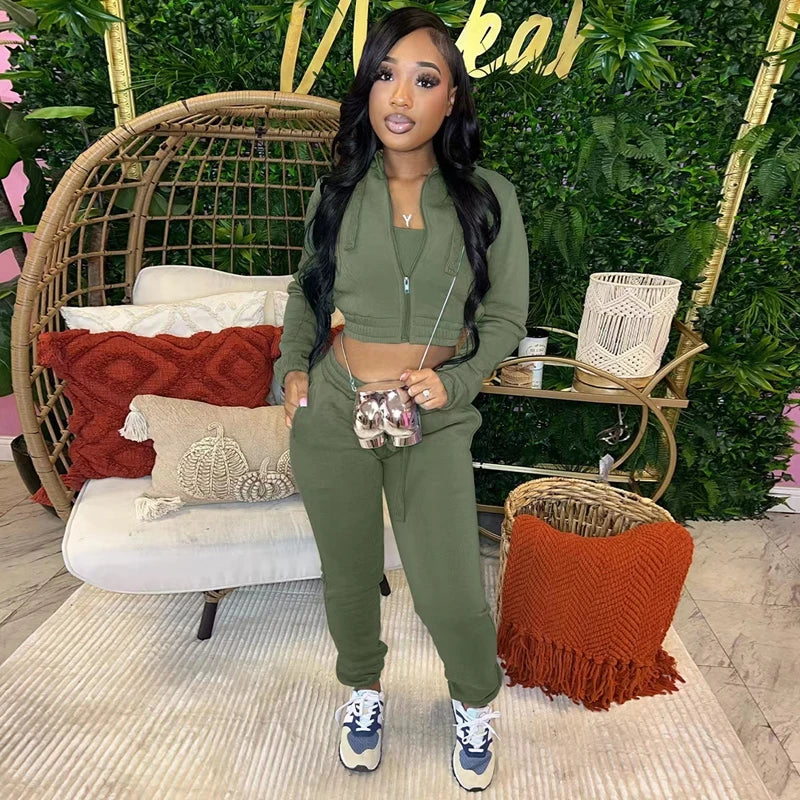 STYLISH LADY Fleece Sporty 3 Piece Set Women Outfits 2025 Spring Crop Top and Drawstring Pant Suits Casual Workout Tracksuits