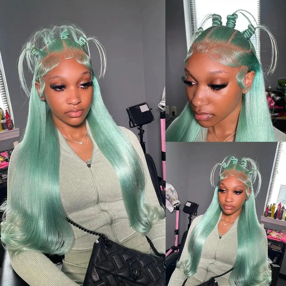 Mint Green 13x4 HD Transparent Lace Front Wig Straight Lace Front Wigs Body Wave 613 Colored Lace Front Human Hair Wigs On Sale