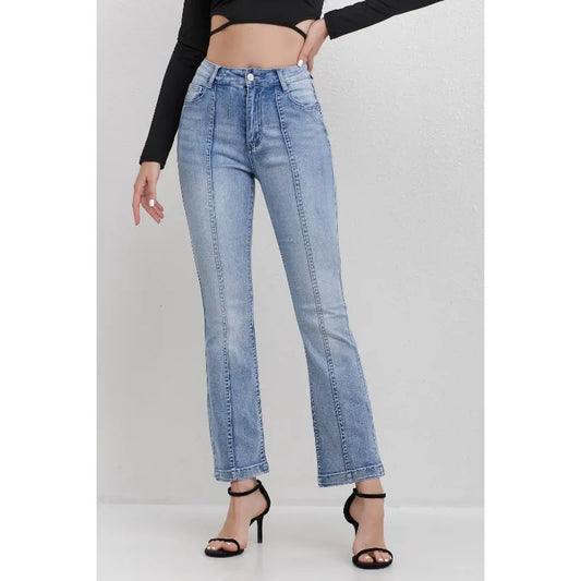 Women's High Waisted Light Blue Jeans with Panel Detail Flared Leg Fashionable Daily Wear Wide-leg jeans Stretch Straight Pants
