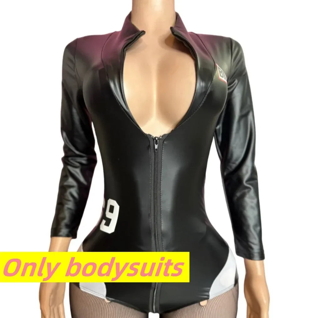 HLJ&GG Black Sexy Deep V Letter Print Bodysuits Women Zipper Long Sleeve Stretchy Bodycon Romper + Mesh Skinny Socks Outfits New
