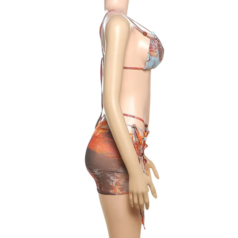 HLJ&GG Sexy Printing 2 Piece Sets Woman Outfits Spaghetti Strap Crop Bra Top+Bikini Shorts + Skirt Matching Suit Female Holiday