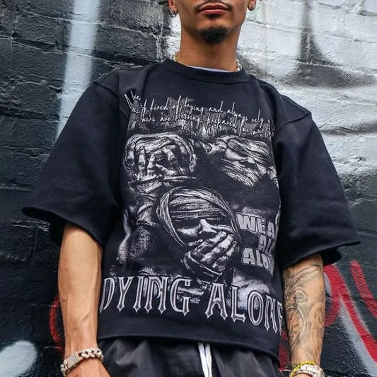 We Are All Alone Abstract Human Face Graphics Printed Cotton T-Shirt Men Y2K Short Sleeves Oversize Tshirt Streetwear Women Tops