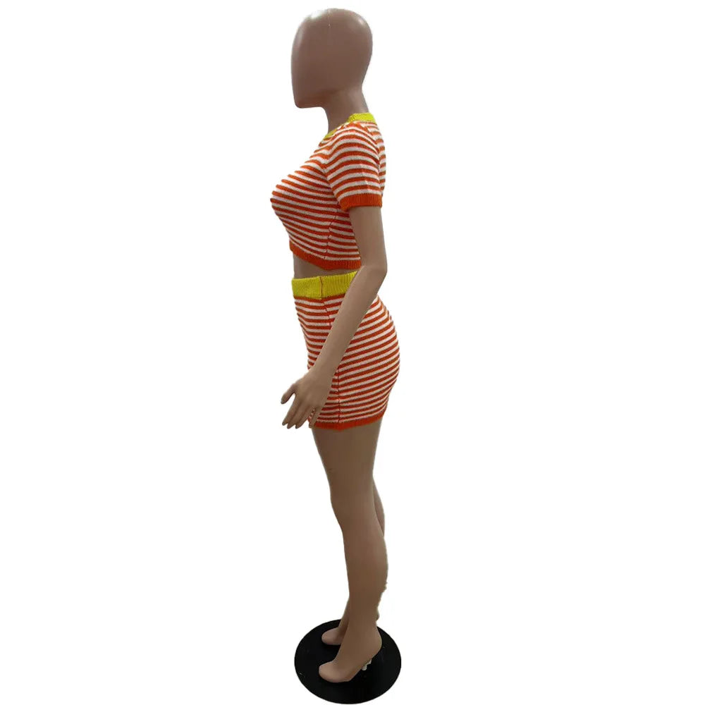 Weird Puss Crochet Stripe 2 Piece Set Women o-Neck Short Sleeve Crop Tops+Contrast Skinny Skirts Hottie Vacation Casual Outfits