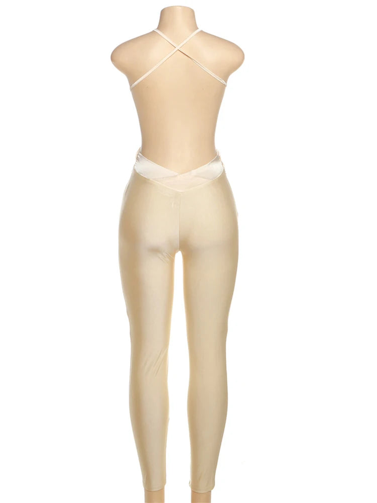 Weird Puss Sexy Backless Jumpsuit Women Sleeveless Cross Ruched Wrap Straps Midnight Coquette Workout Activity Fitness Overalls