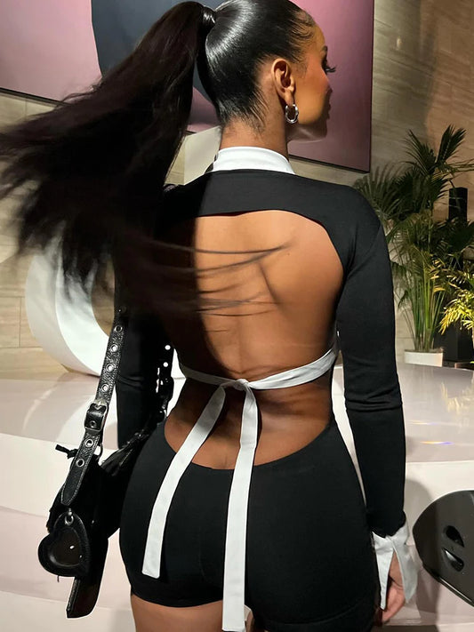 Weird Puss Hollow Backless Women Playsuits Bandage Polo Neck Full Sleeve Skinny Contrast Color Hipster High Street Sexy Romper