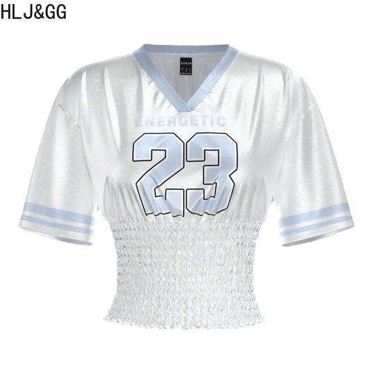 HLJ&GG Summer New Letter Y2K Streetwear Women V Neck Short Sleeve Slim Crop Top And Ruffle Plaid Shorts Two Piece Sets Outfits