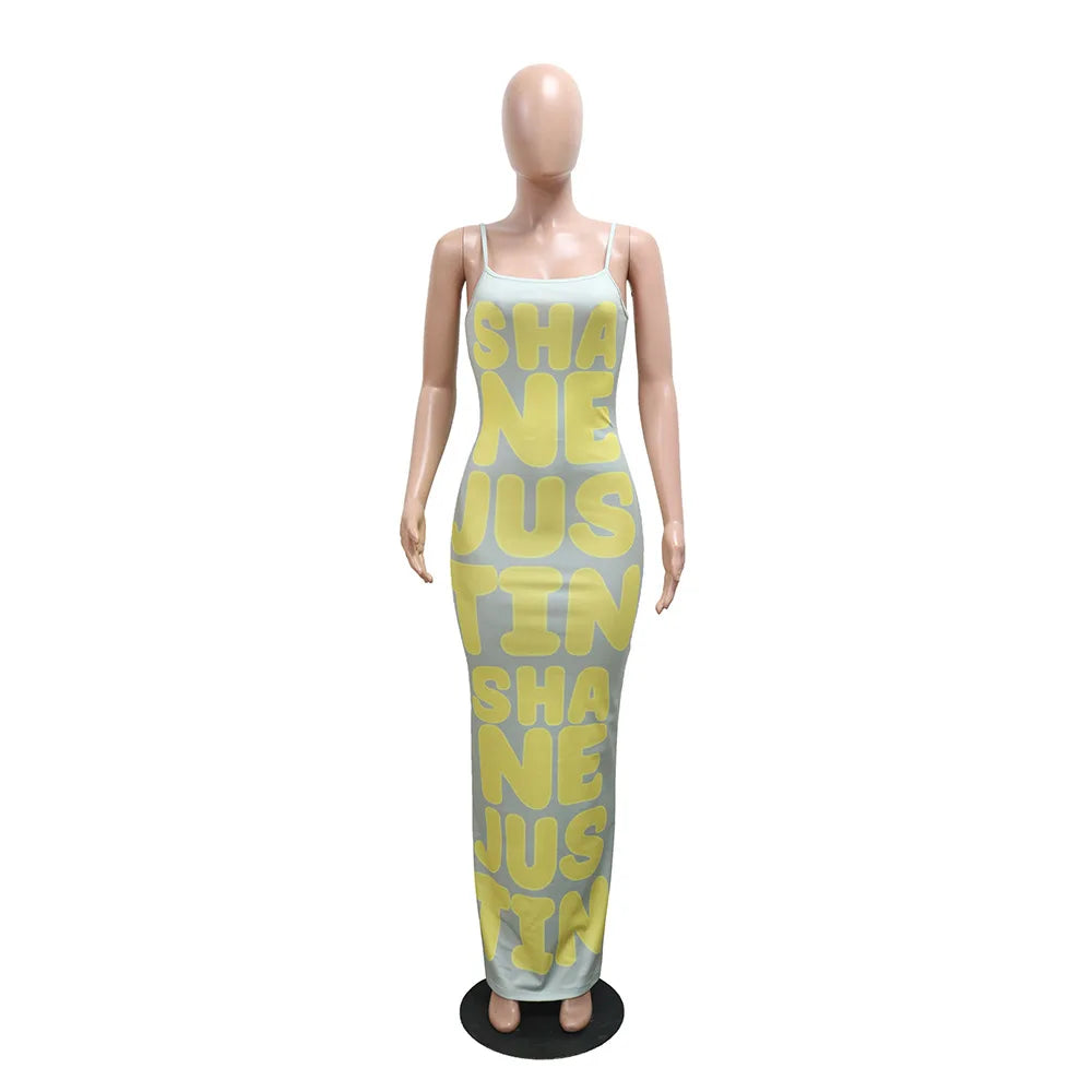 HLJ&GG Summer New Letter Print Bodycon Spaghetti Strap Long Dresses Women Sleeveless Backless Slim Vestidos Fashion Streetwear