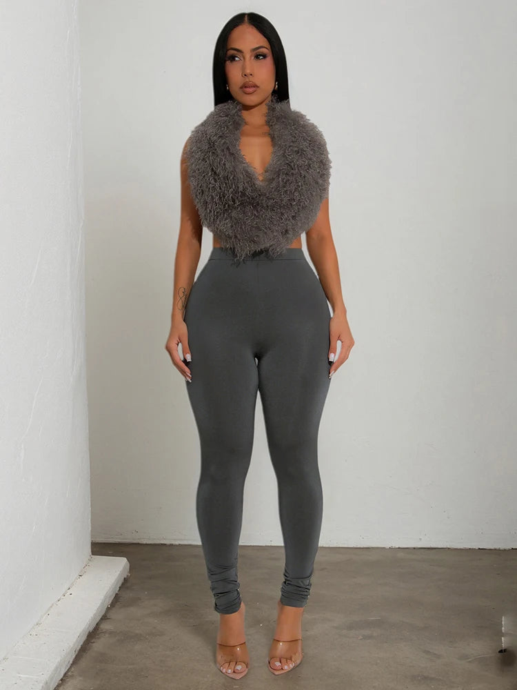 Weird Puss Sexy Fashion 2 Piece Set Women Plush Patchwork Halter Backless Camisole+Solid Skinny Pants Hottie Hipster Clubwear