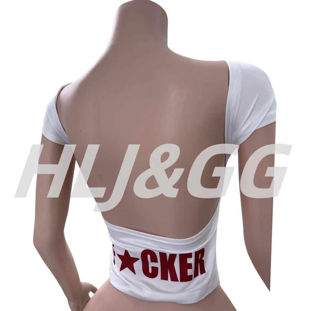 HLJ&GG Red Fashion Letter Backless Tshirts Two Piece Sets Women O Neck Short Sleeve Slim Crop Top And Lace Skirts Shorts Outfits