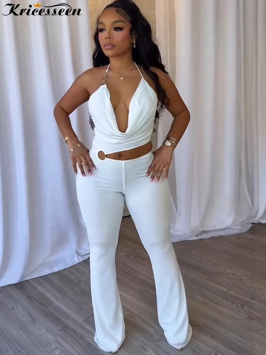 Kricesseen Women's Halter Neck Draped Cut-Out Metal Ring Fitted Jumpsuits Sexy Rompers One Piece Outfits Solid Clubwear Overalls