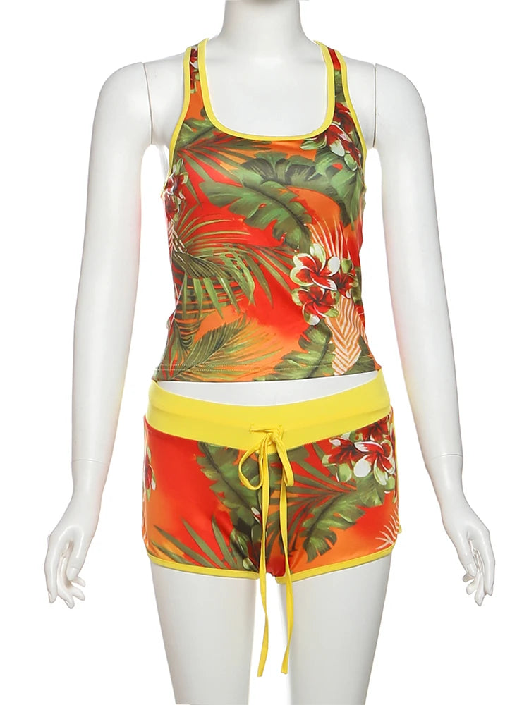 Weird Puss Colorful Print Women Tracksuit 2Piece Set Summer Casual Tank Tops+Shorts Matching Streetwear Stretch Activity Outfits