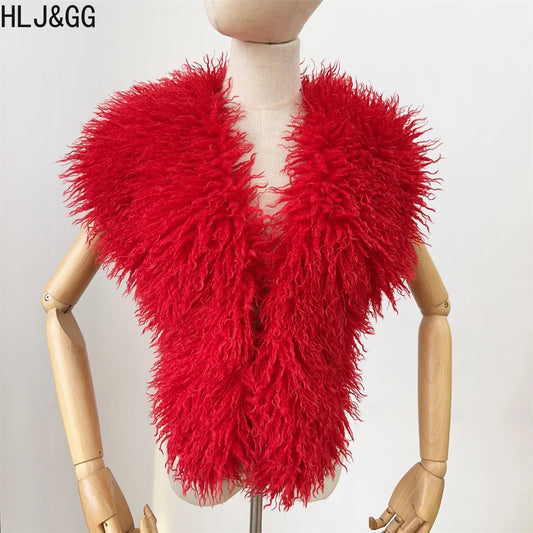 HLJ&GG Trend Y2K Two Piece Sets Women Fur Feather Halter Waistcoat Fashion Backless Lace Up Legs Cover Streetwear Clothing 2025