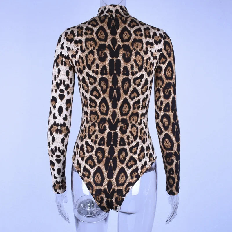 HLJ&GG Sexy Leopard Bodycon Bodysuits Women Turtleneck Long Sleeve Slim Romper Spring New Fashion One Piece Jumpsuit Clubwear