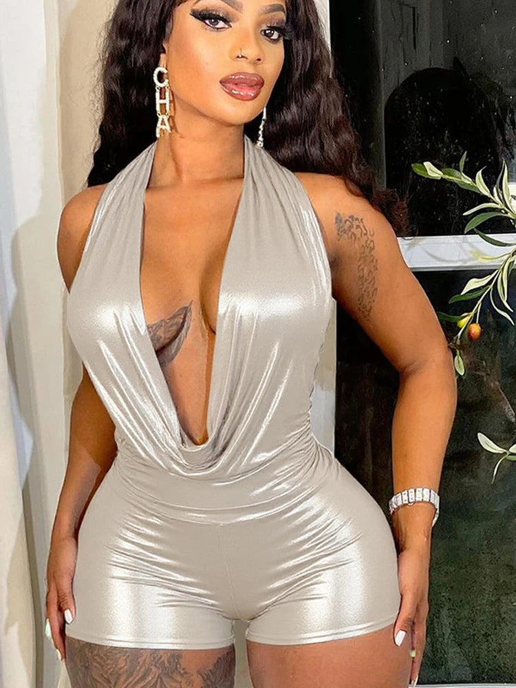 Kricesseen Women's Glitter Halter Neck Draped Metallic Rompers Glam Shiny Backless Leather Playsuits Night Out Overalls Clubwear