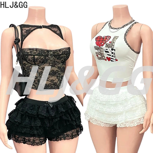 HLJ&GG Sexy Lace Splicing See Though Hollow Two Piece Sets Women Sleeveless Slim Crop Top+Ruffle Mini Skirts Outfits Streetwear