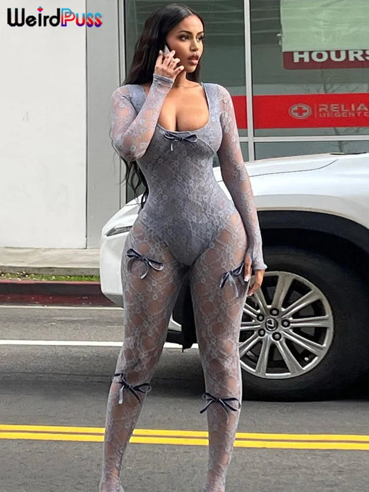 Weird Puss See Through Jumpsuit Sexy Women Summer Fashion Coquette Low-Neck Midnight Clubwear Skinny Elastic Workout Overalls