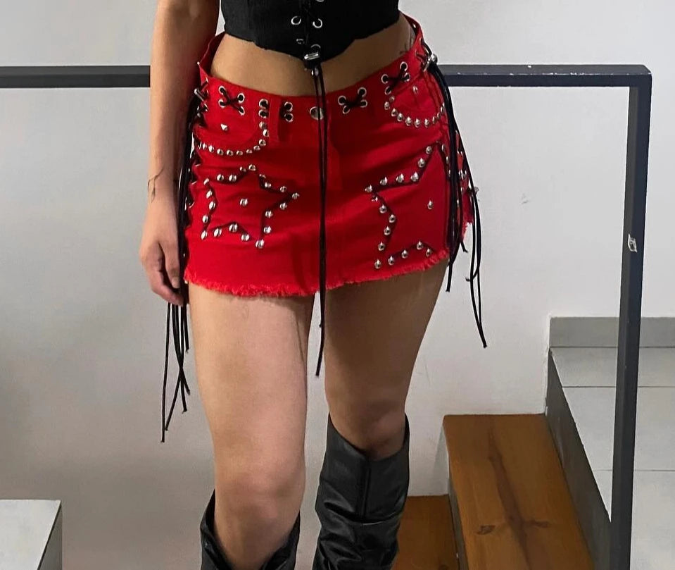 2025 Harajuku Oversized Star Pattern Rivet Y2k Goth Skirt High Waist Hip Bag A Line jeans Mini Skirt Sexy Girl Streetwear Skirts