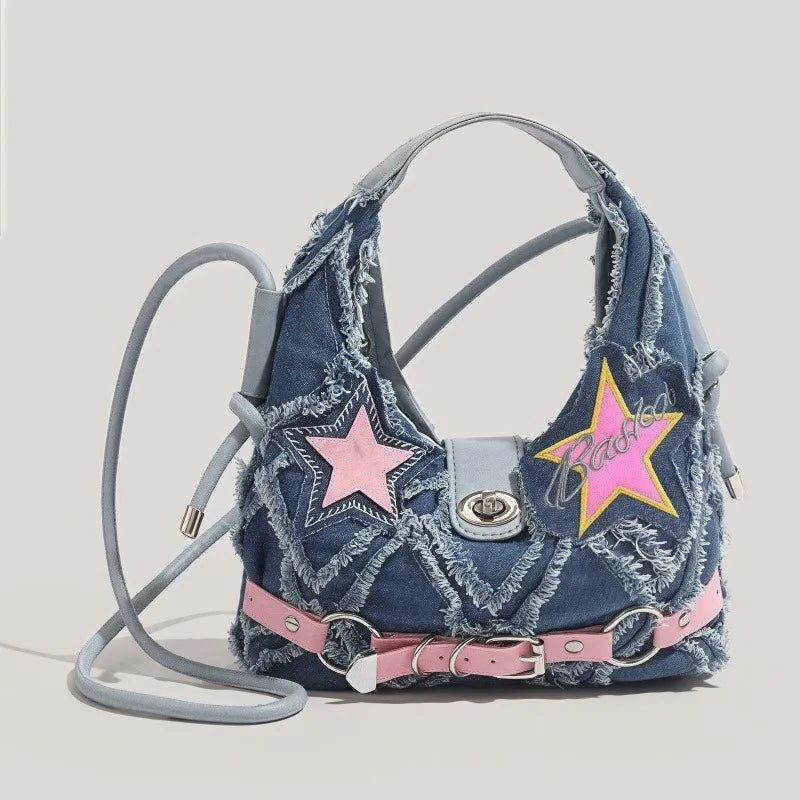 y2k Hot Girl style pink five-pointed star applied-designed fringed jeans crossbody bag A-DH