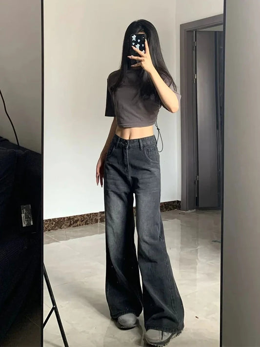 Korean Vintage High Waist Women's Jeans Y2K Slimming Pear-Shaped Loose Straight Bell Bottoms Black Gray Baggy Denim Trousers