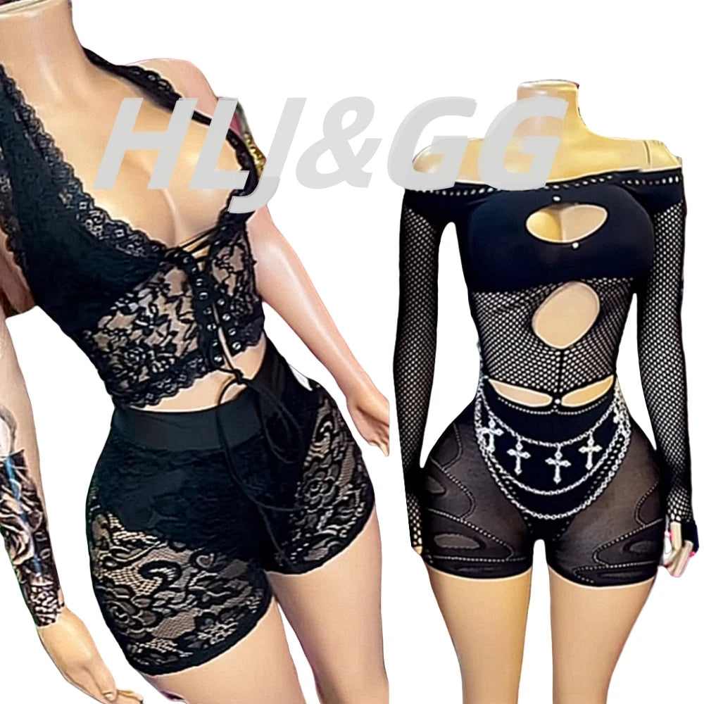 HLJ&GG Sexy Lace Hollow See Though Two Piece Sets Women V Neck Spaghetti Strap Slim Crop Top + Shorts Outfits Fashion Streetwear