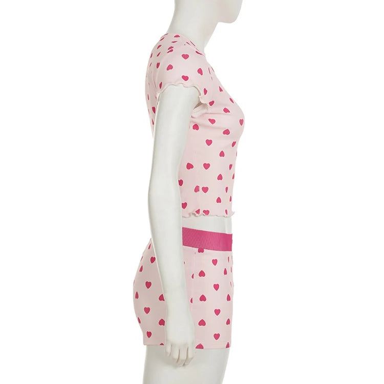 STYLISH LADY Heart Printed 2 Piece Set Women Short Sleeve Crop Top and Shorts Suits 2025 Summer Valentine's Day Home Sleepwear